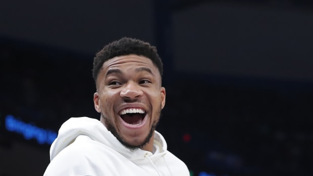 Milwaukee Bucks forward Giannis Antetokounmpo (34) celebrates